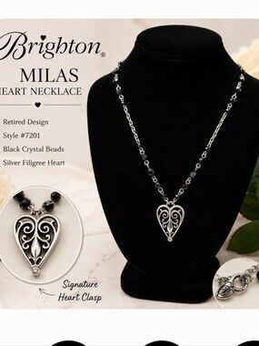 Brighton Milas Heart Necklace #7201 Retired Black Crystal Beaded Silver Tone